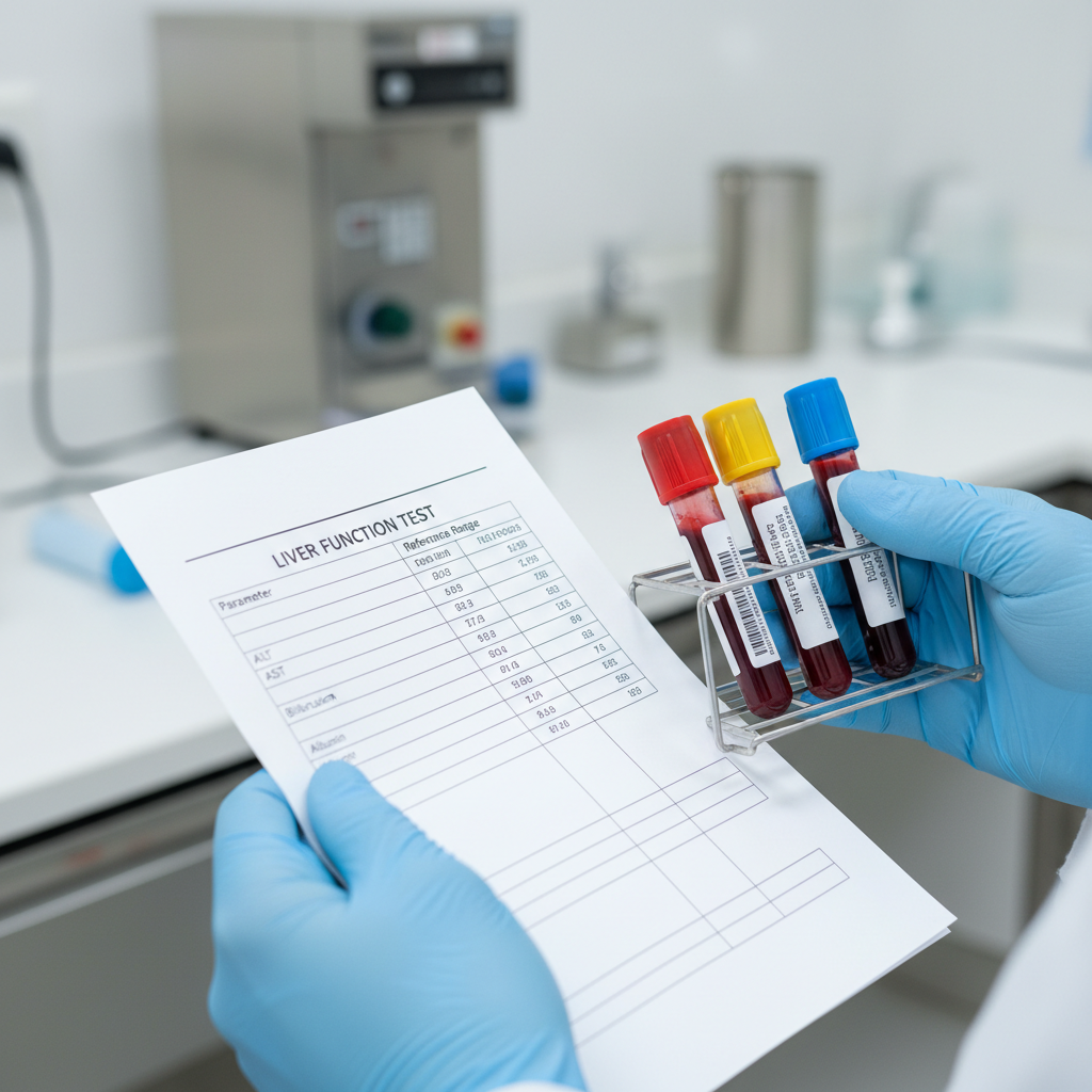 Lab technician examining blood test results with careful attention to detail