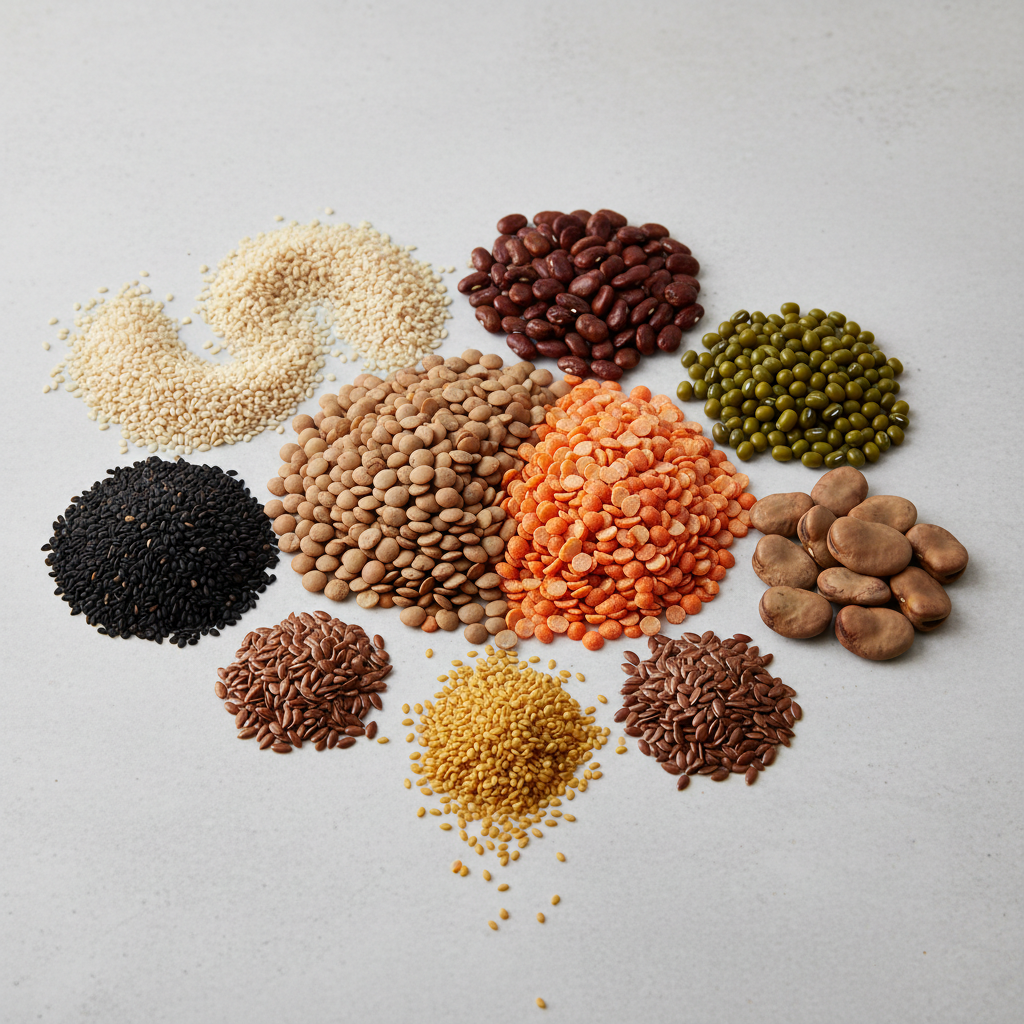 Colorful assortment of dried pulses and legumes — red lentils, green mung beans, chickpeas, black beans — in rustic bowls on warm stone background
