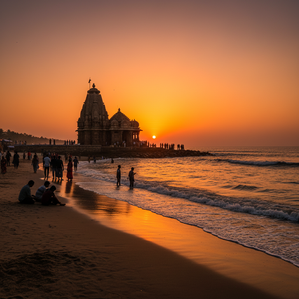 Ganpatipule beach with pristine white sand and the famous swayambhu Ganesh temple visible