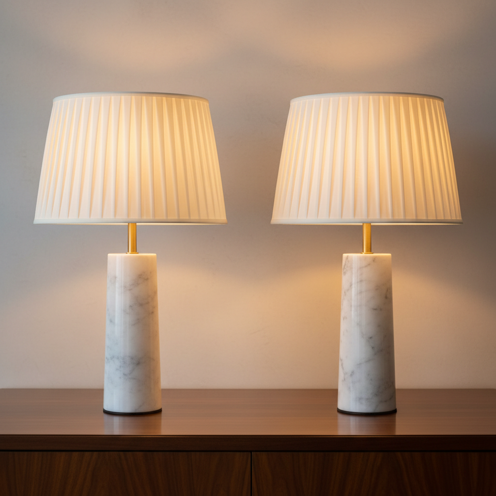 Elegant floor lamp with thick Calacatta marble base and silk drum shade in a luxury living room