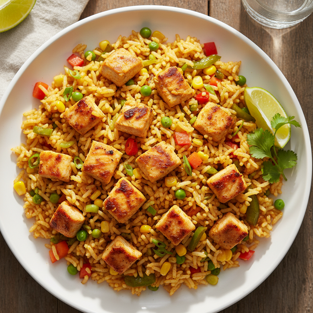Vibrant Nigerian fried rice with colorful vegetables and prawns, overhead shot