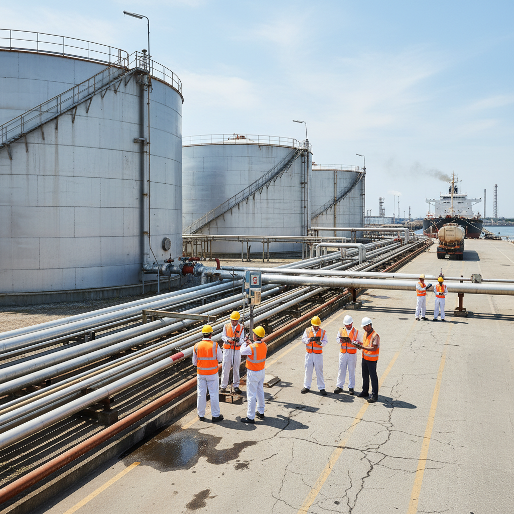 Oil refinery terminal with cargo inspection team conducting quantity and quality verification of petroleum shipments