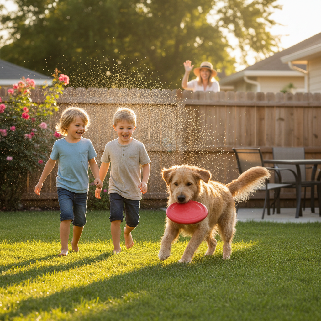 Medium-sized dog playing in a sunny backyard with children, neighbor visible waving over the fence