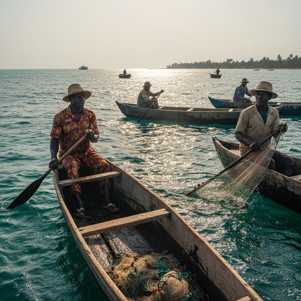 Southern African coastal landscape at golden hour, warm amber light, community fishing boats on calm water