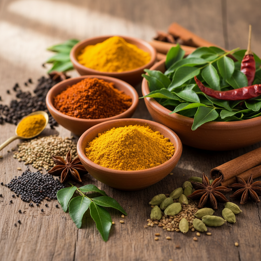 Colorful array of Indian spices and ingredients displayed in small bowls on rustic wooden surface