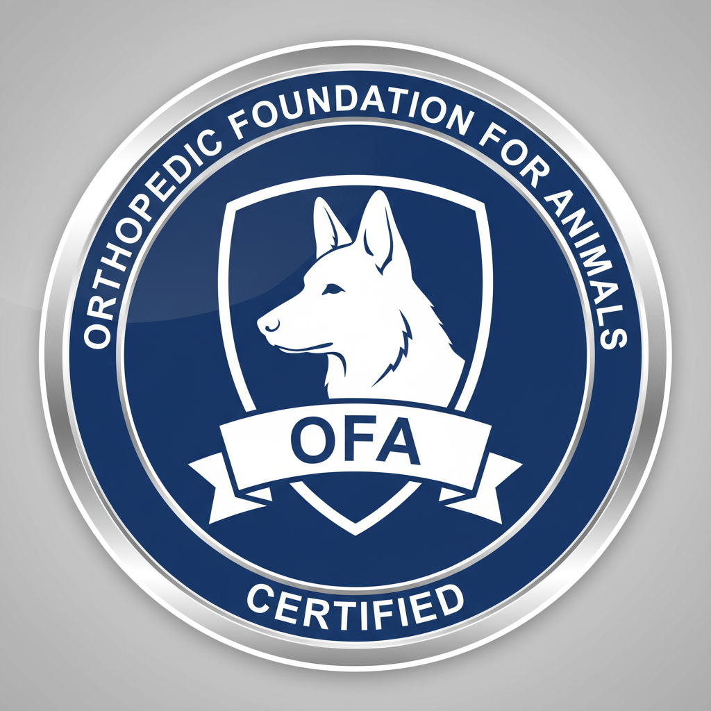 OFA certification badge with blue shield and white dog silhouette