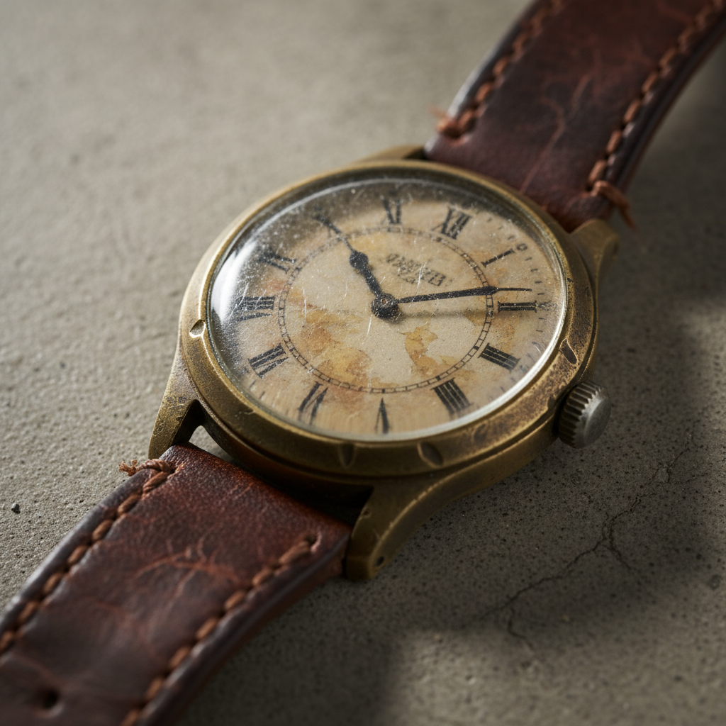 Worn watch with fogged crystal and discolored dial before restoration
