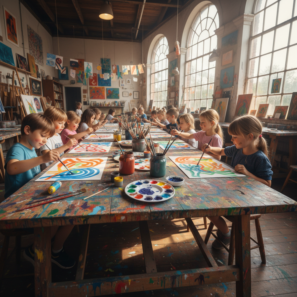 Children painting with bright colors at wooden studio tables covered in paint splatters