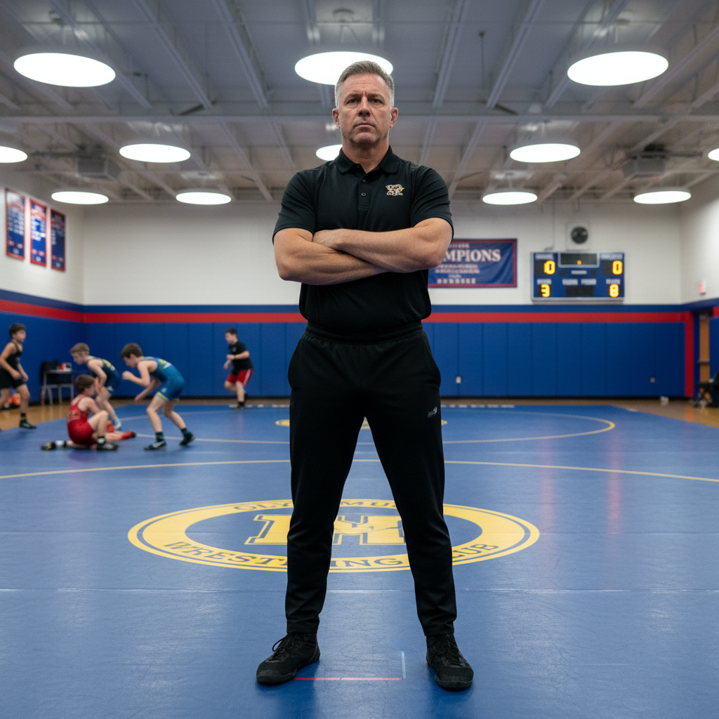 Head coach Darnell Okafor standing on wrestling mat in Takedown Academy