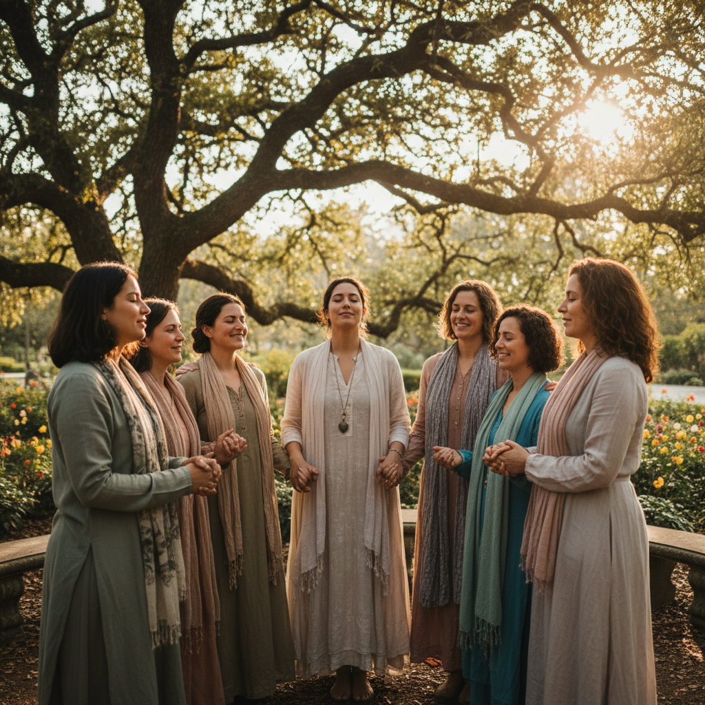 Women at retreat gathering, warm and joyful atmosphere, diverse group