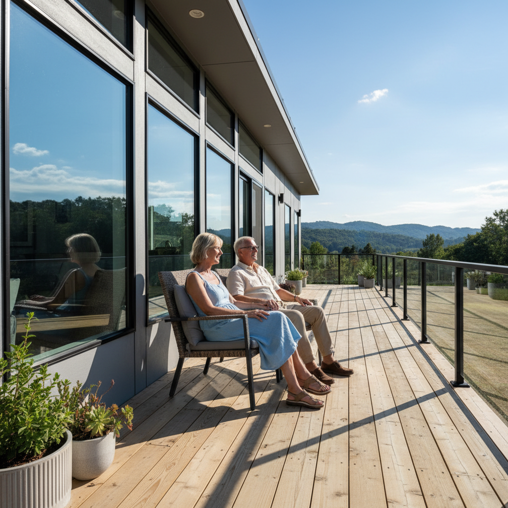 Retired couple Robert and Catherine Osei sitting on the porch of their new modular home