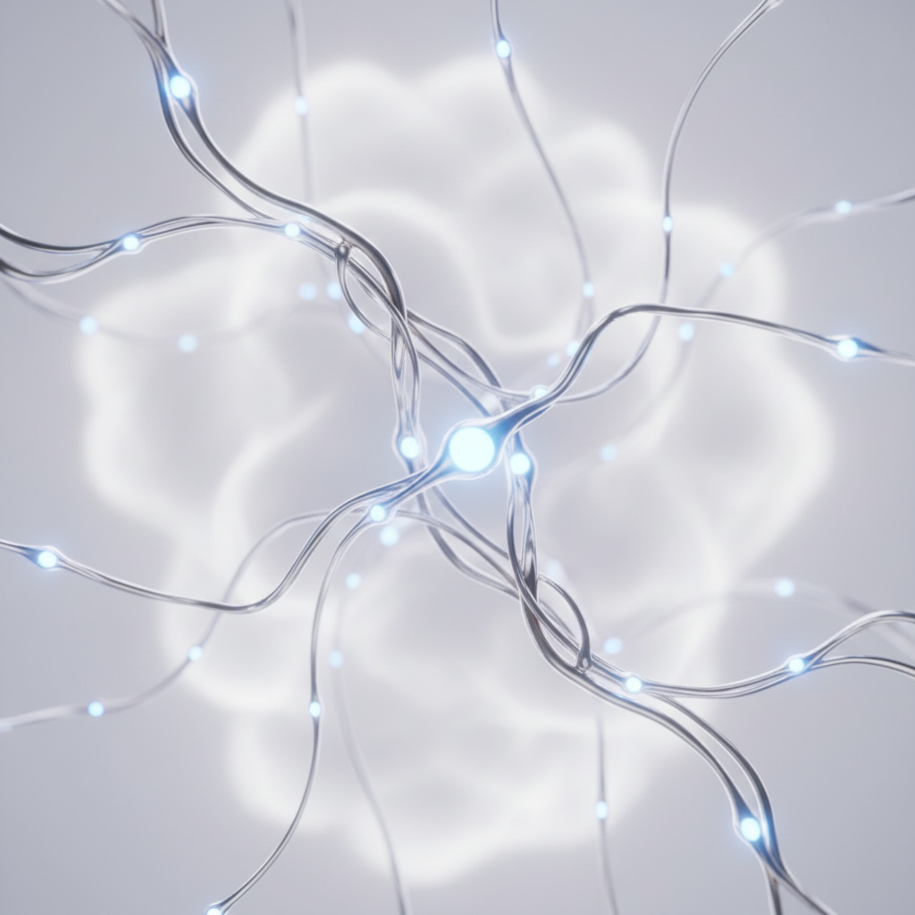AI neural interface abstract visualization, dark blue and cyan energy streams, deep shadows, cinematic atmosphere
