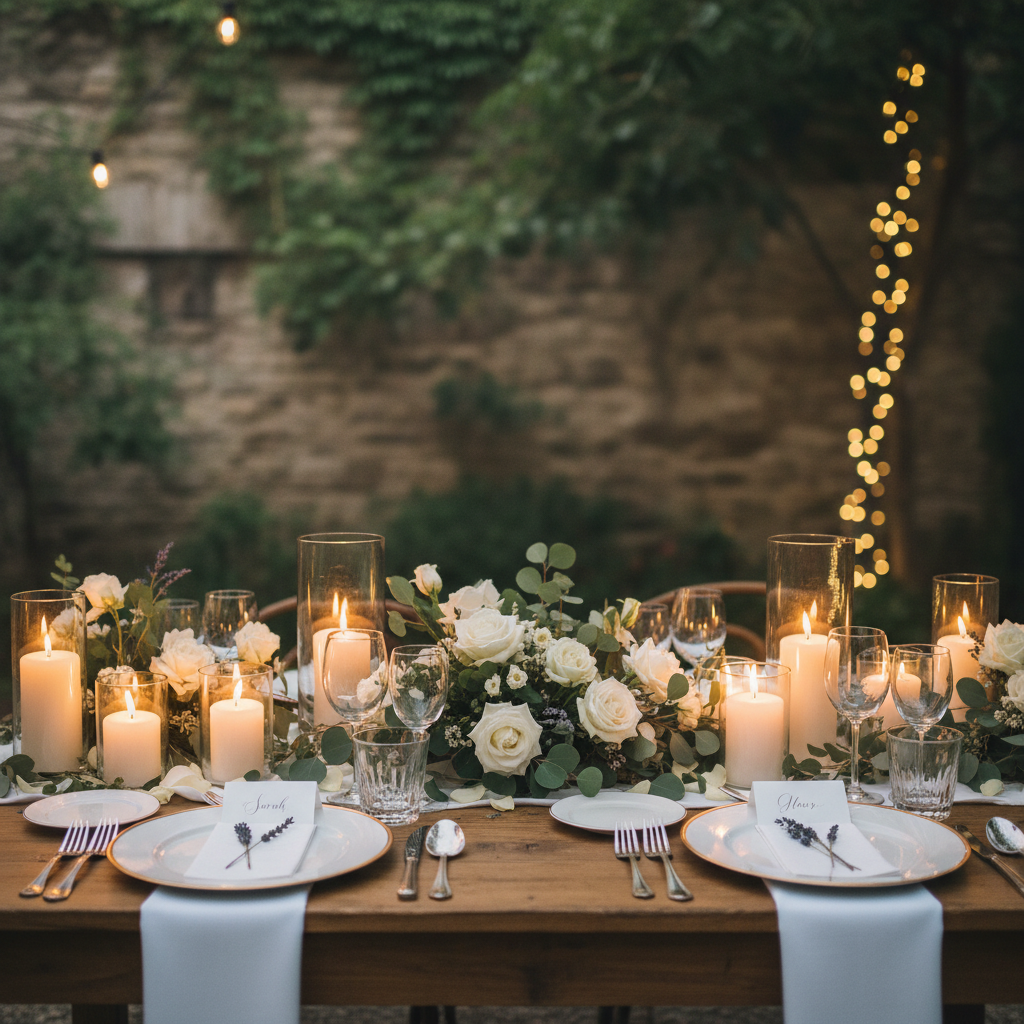 Small intimate wedding dinner table with flowers and candlelight