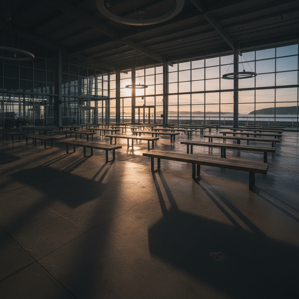 Empty ferry terminal at dusk, long benches casting parallel shadows across a concrete floor