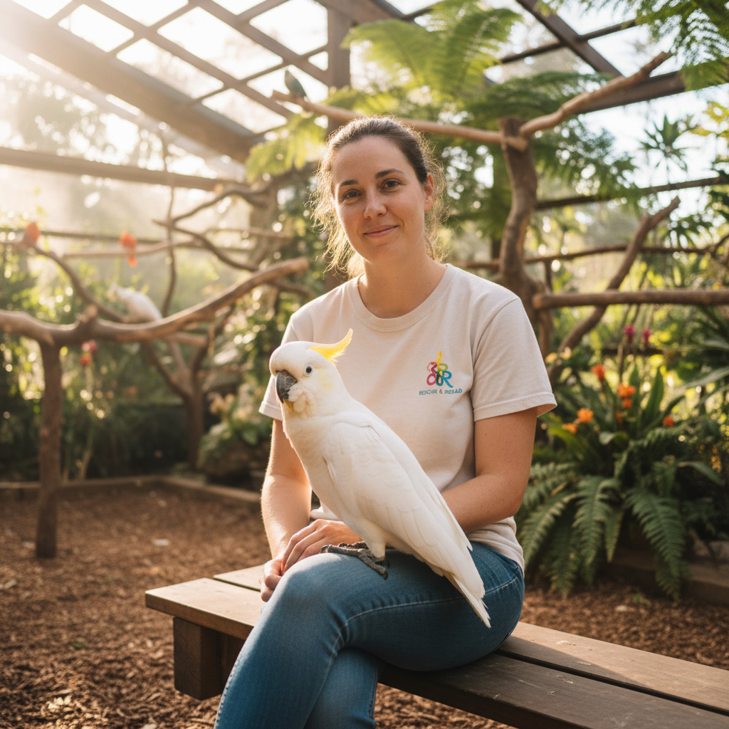 Volunteer sitting with a rescued cockatoo perched on her knee in a bright aviary with natural wood perches