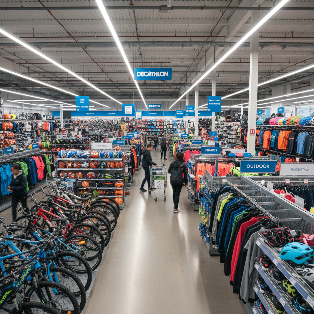 Rayons Decathlon avec équipements sportifs colorés vélos et tenues de sport