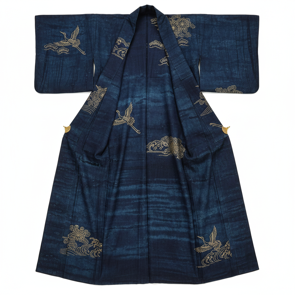 Hand-dyed indigo kimono with gold thread