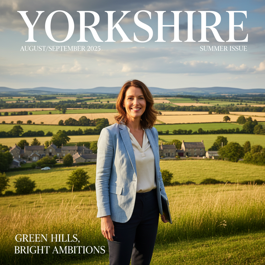 Yorkshire BusinessWoman Aug/Sep 2025 summer cover with a businesswoman in a bright outdoor setting