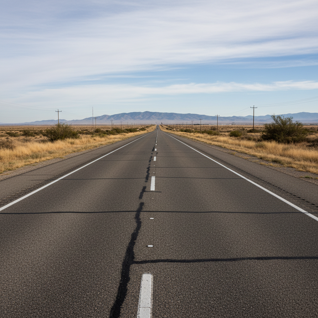 Long straight highway through South African semi-desert landscape at golden hour with warm light