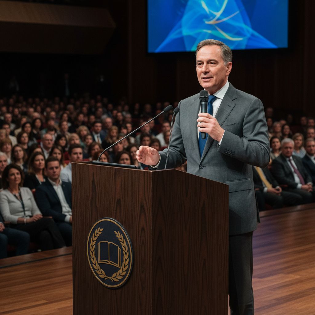 Artist speaking at podium in lecture hall with attentive audience, cultural discussion