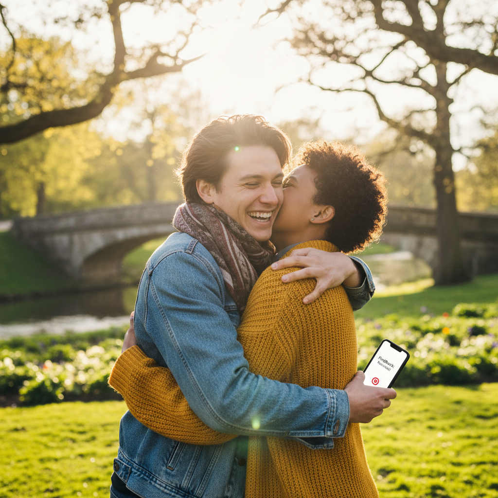 Two people exchanging phone numbers and smiling at each other, happy romantic connection moment