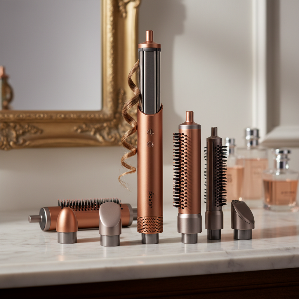 Dyson Airwrap styling tool with copper and nickel finish against pink background