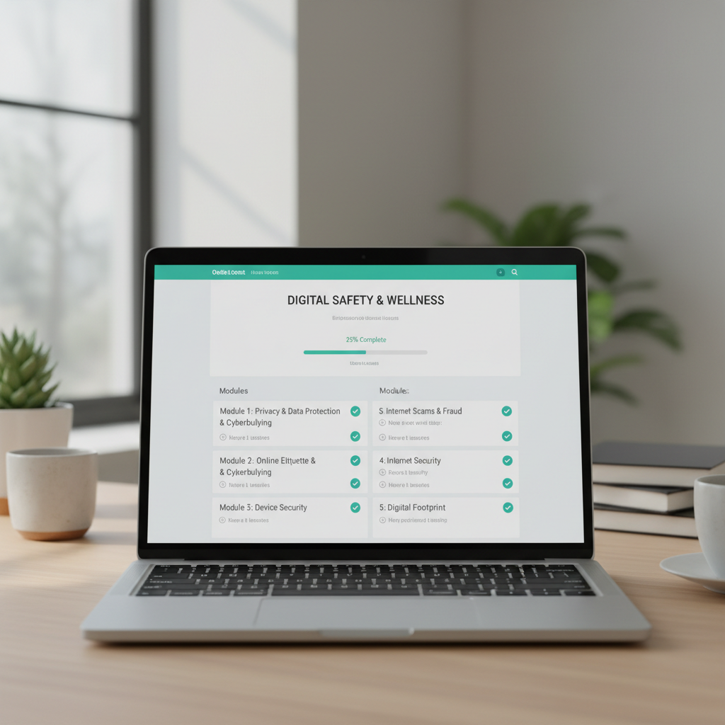 Online learning platform interface on laptop screen showing Digital Safety course structure, clean modern design, home office setting