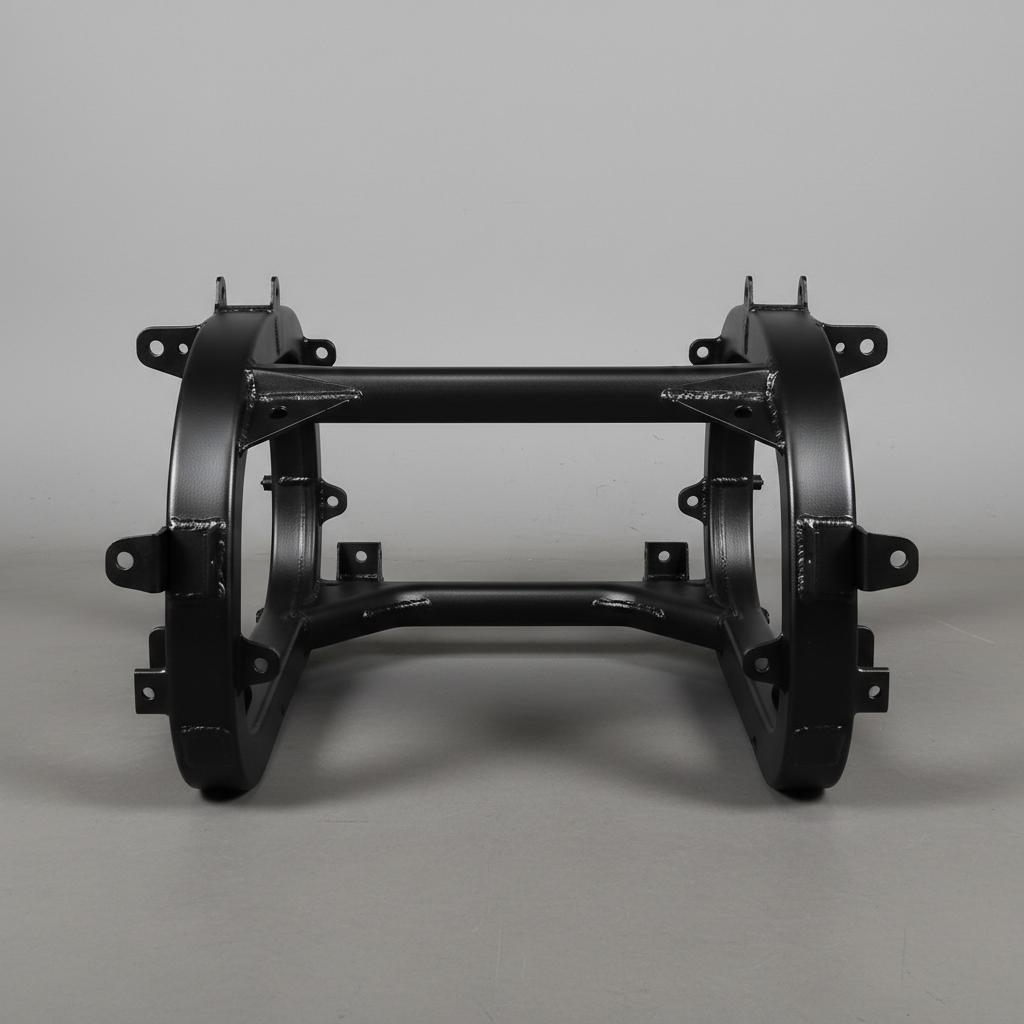 Static racing simulator frame detail, welded steel joints, powder coat finish