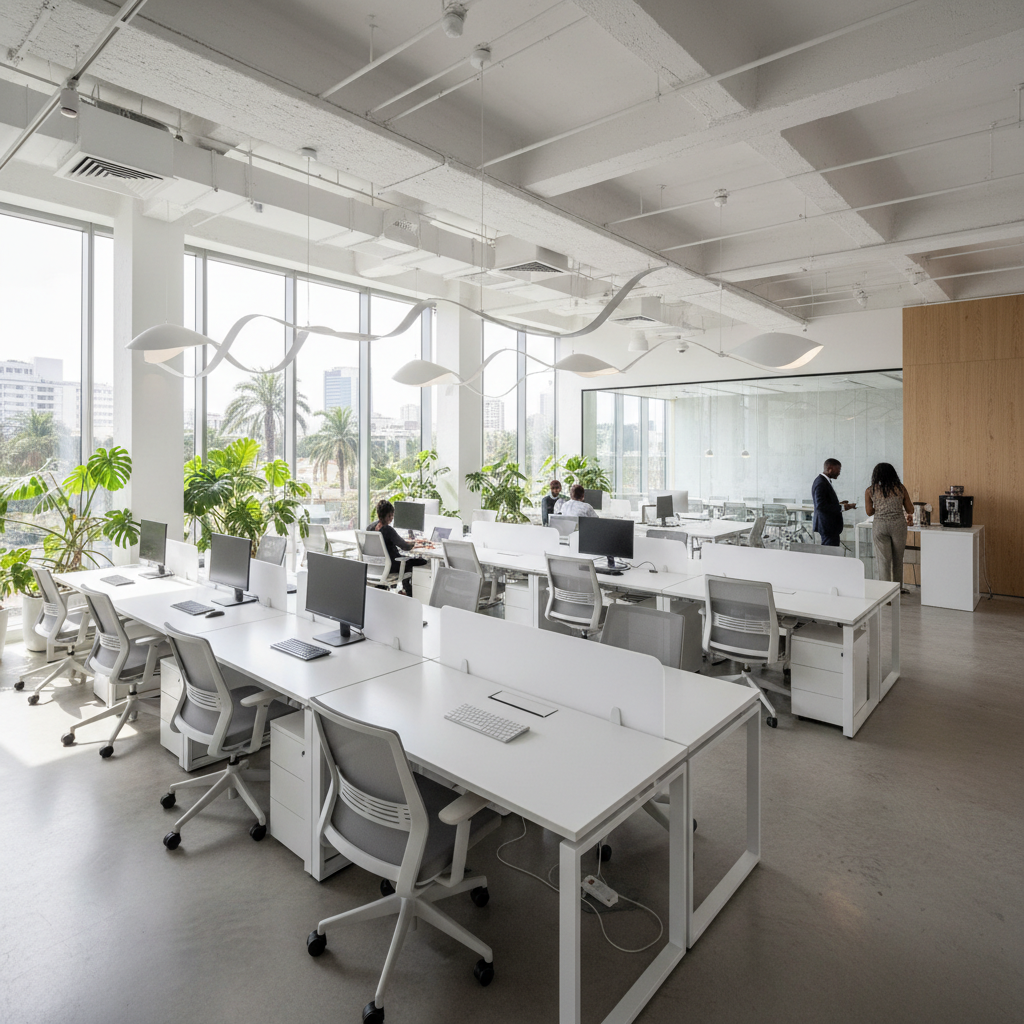 Bright modern co-working space with large windows, white walls, and entrepreneurs working at standing desks in natural daylight