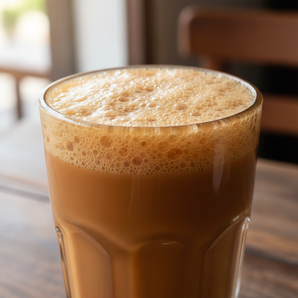 Frothy pulled milk tea in tall glass with caramel-brown colour and thick foam