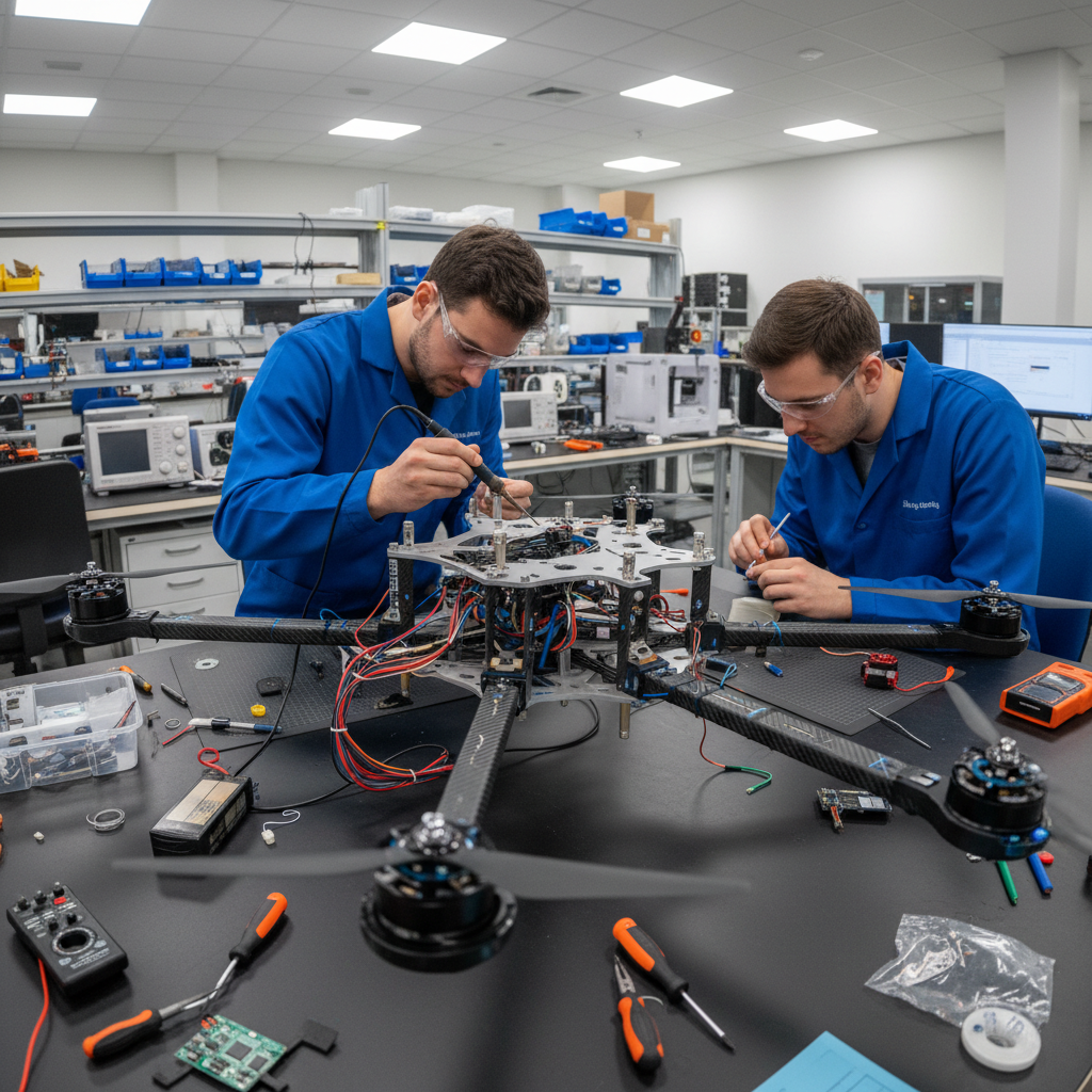 Quadcopter drone frame assembly on workbench at WEBUILDPRO engineering lab in Bangalore