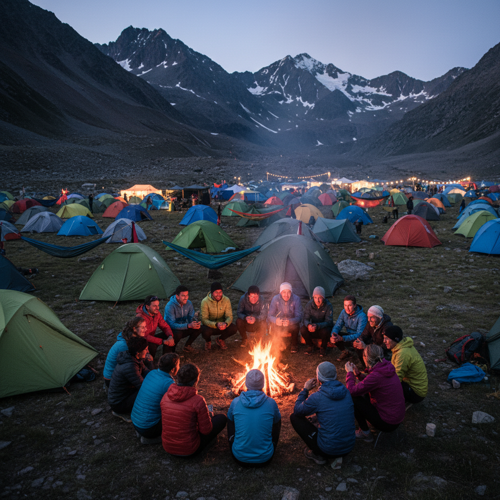 Festival tents and camping at mountain basecamp with runners gathered around fire at dusk