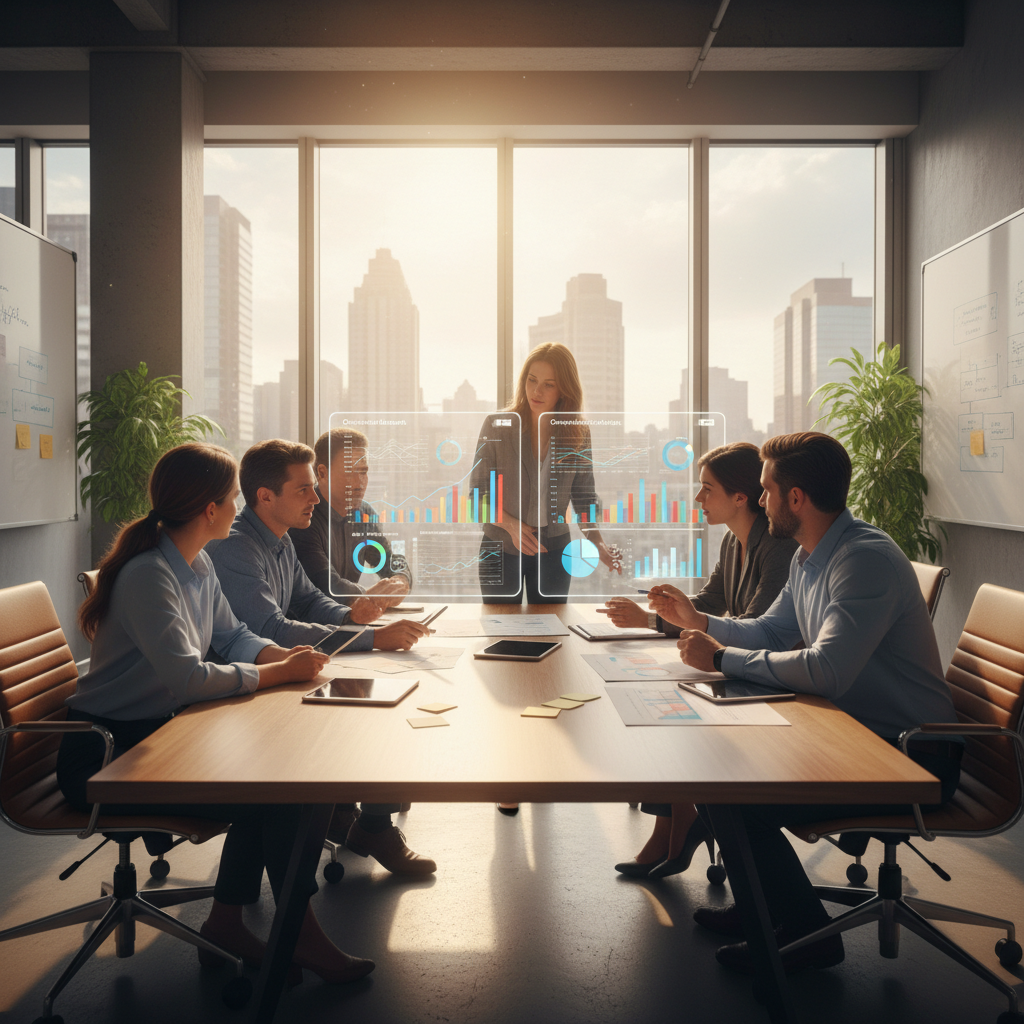 Database table diagram on bright screen in clean workspace, airy bright office environment