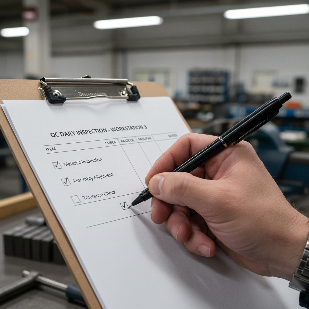 Quality control checklist being completed with pen on workshop clipboard