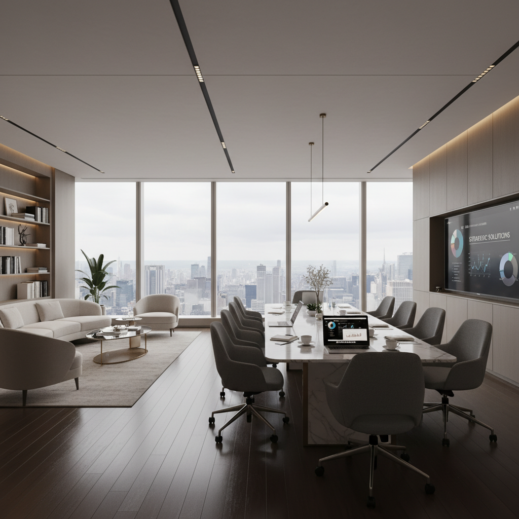 Sophisticated consulting workspace with warm lighting and architectural details, quiet and focused environment