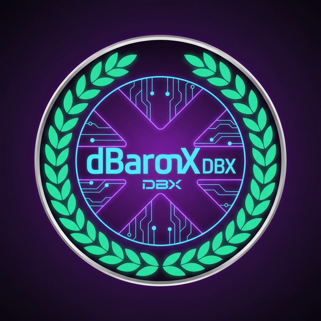 dBaronX DBX token logo — official circular glowing purple with circuit background and green laurels