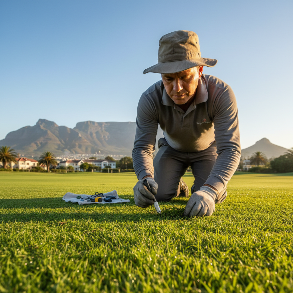 Turf crew member kneeling on a freshly mowed Cape Town lawn examining grass health during a free assessment