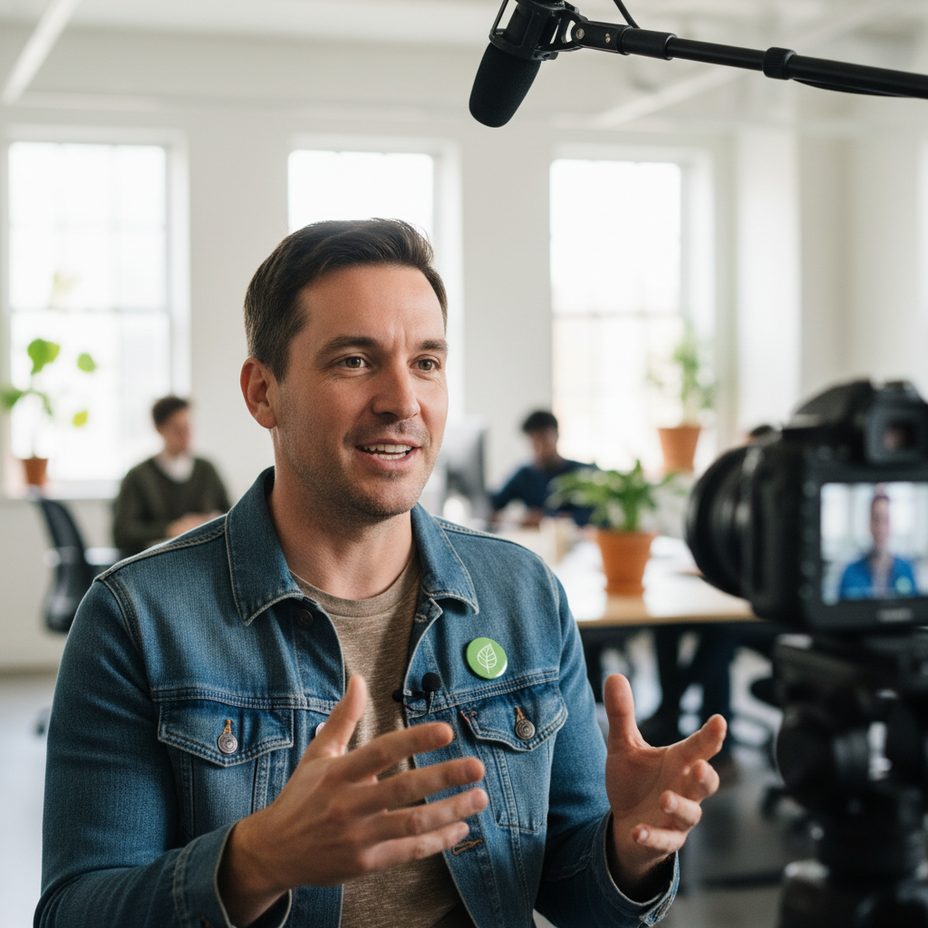 Social enterprise founder being interviewed on camera for impact documentary