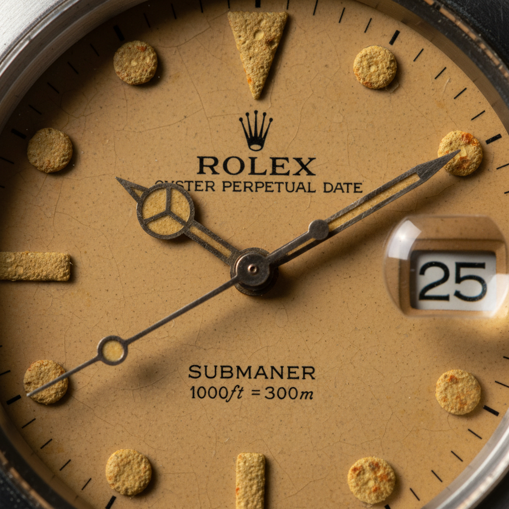 Vintage watch dial close-up showing aged tritium lume plots on a patina dial