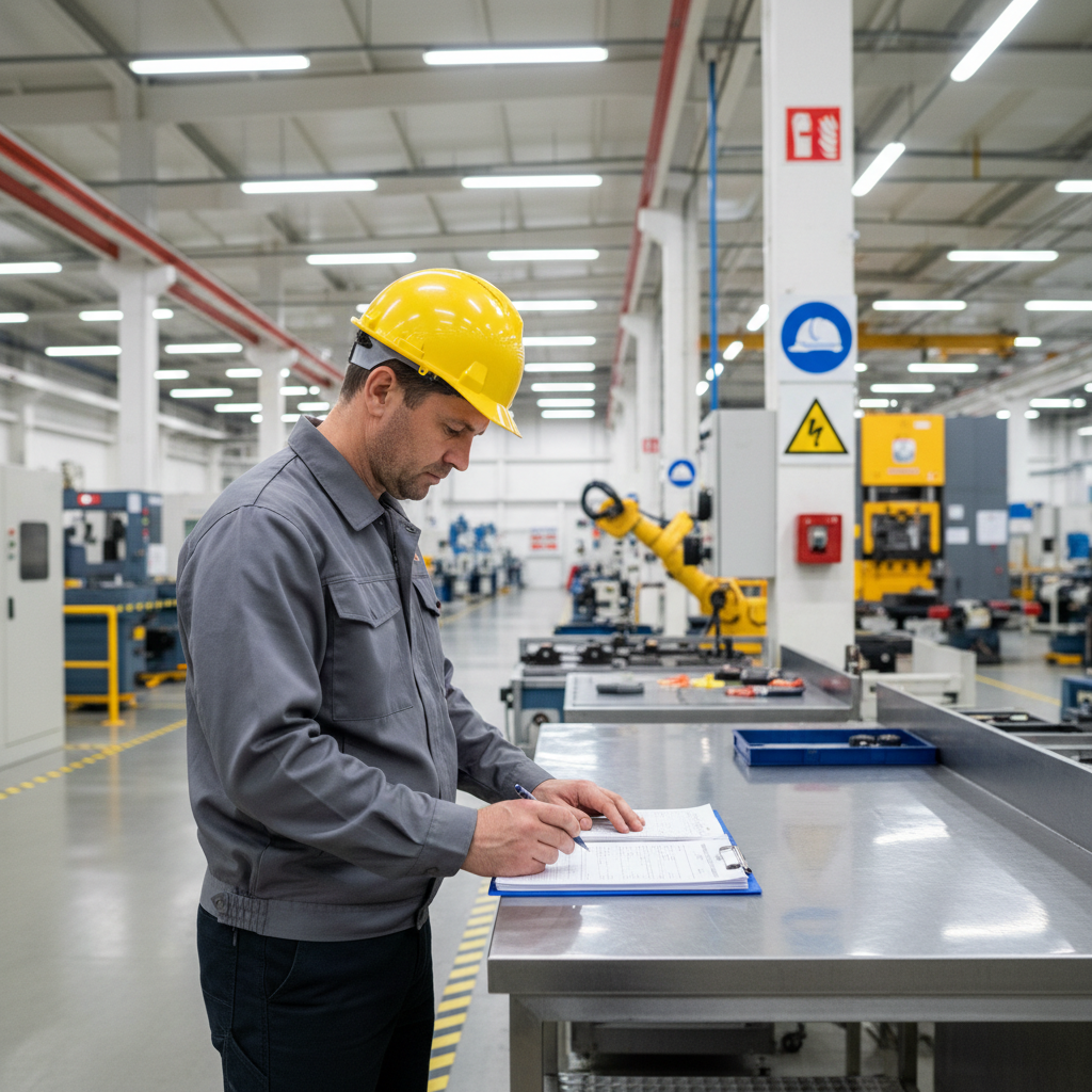 Safety officer reviewing documents on a factory floor