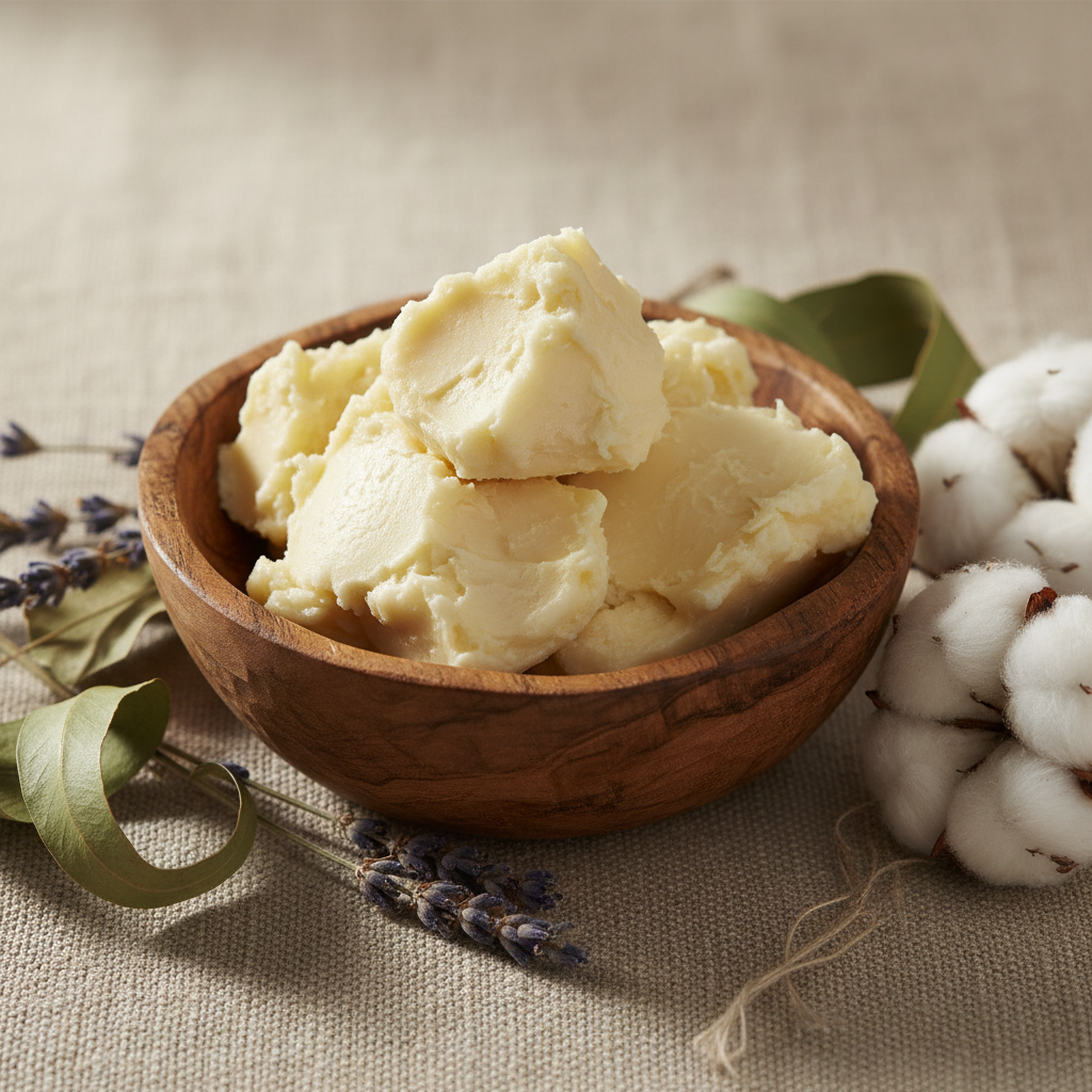 Raw shea butter pieces on natural cloth, cream white colour, warm natural light, artisan product styling