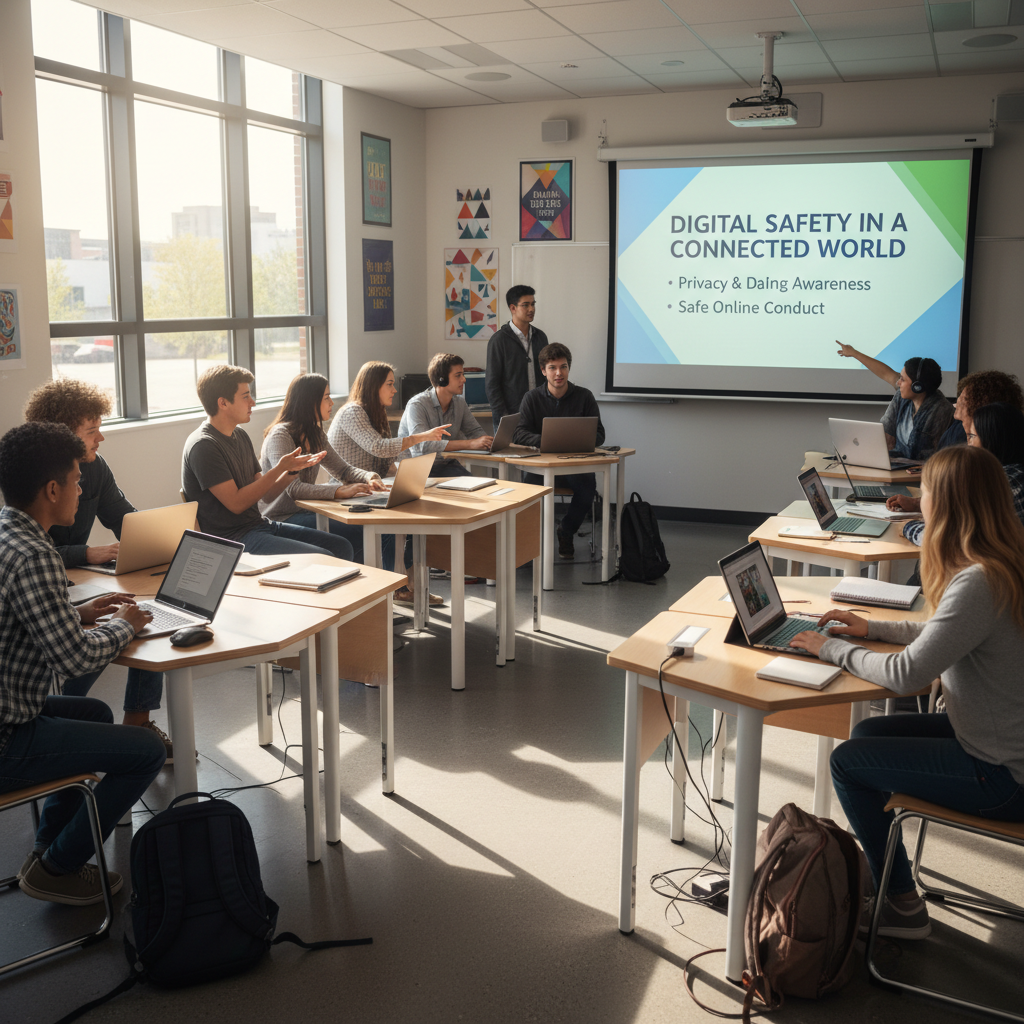 Students in blended learning session, some online and some in classroom, digital safety topic on screen, collaborative environment
