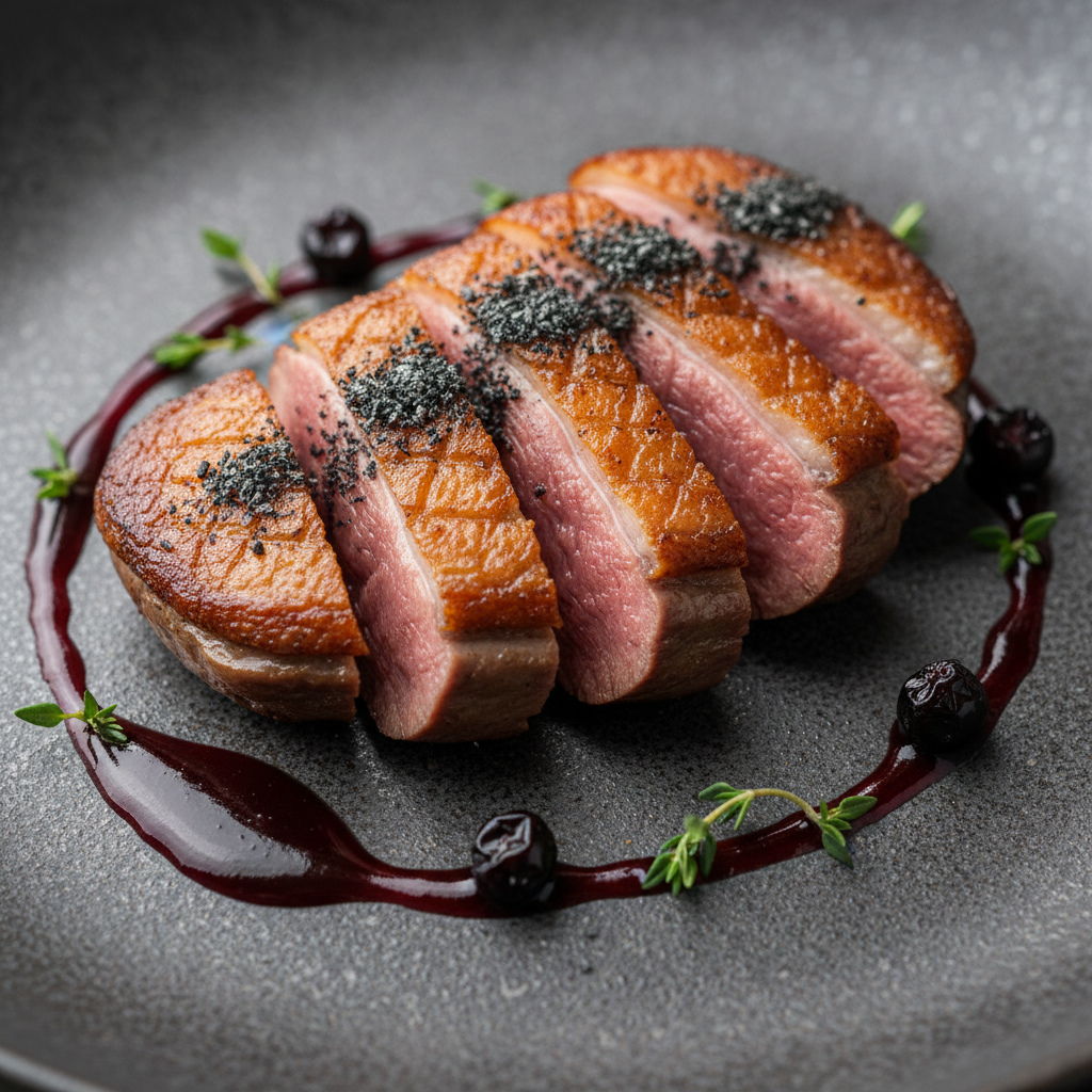 Perfectly seared duck breast on dark plate, glossy reduction sauce, fine dining presentation, deep shadows, atmospheric warm light