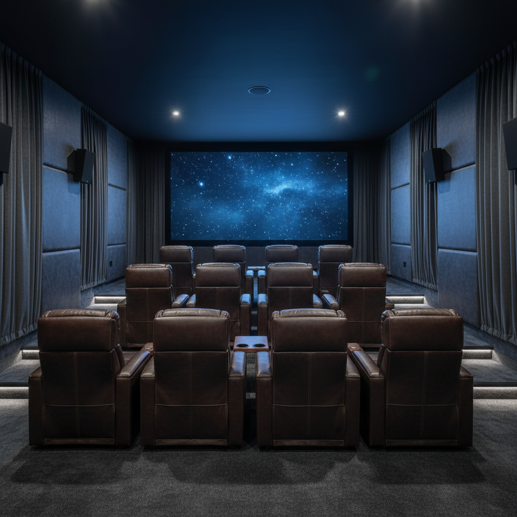 Luxury home theater room with dark walls, projection screen, and premium leather seating in atmospheric dim lighting