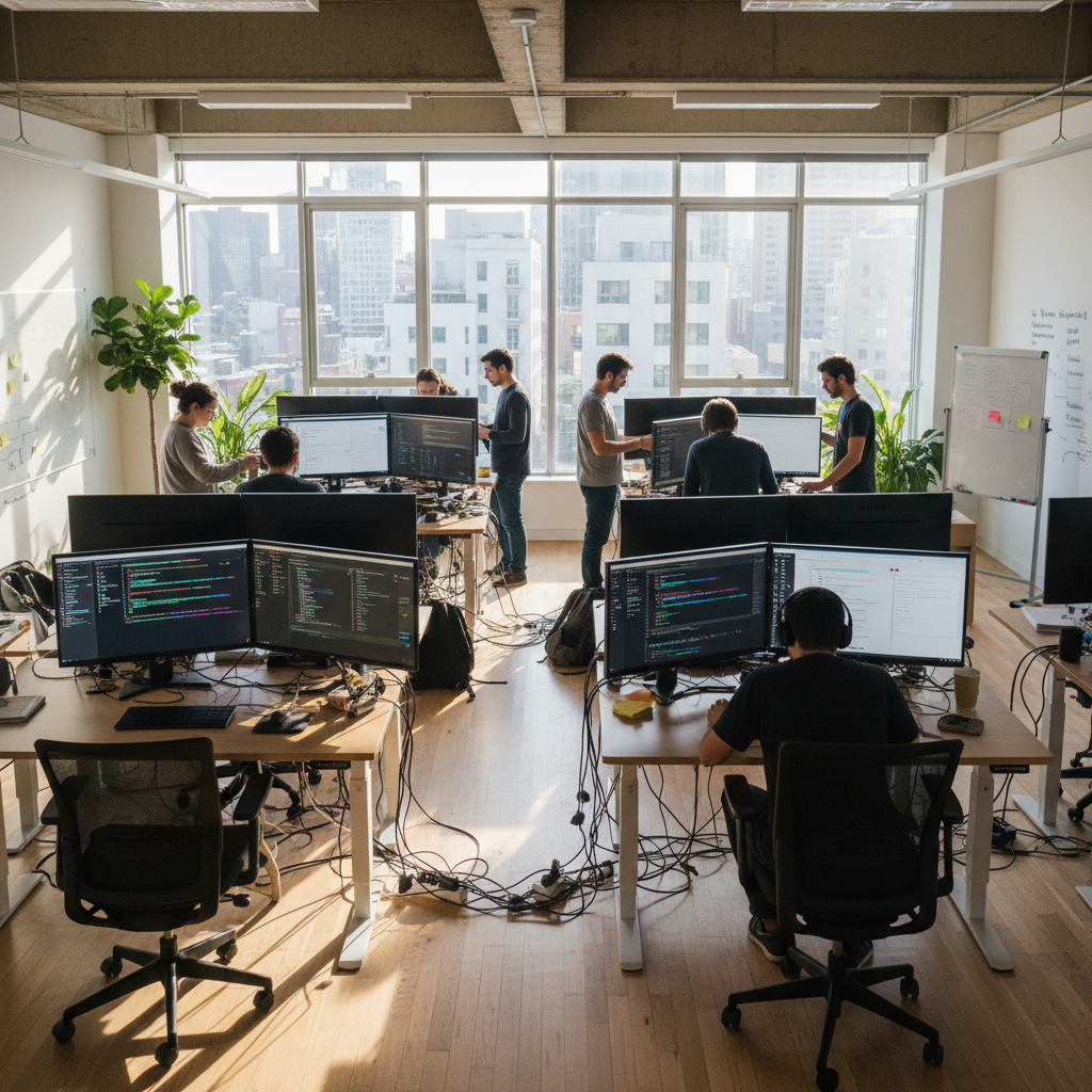 Engineering team working together at standing desks with multiple monitors showing code
