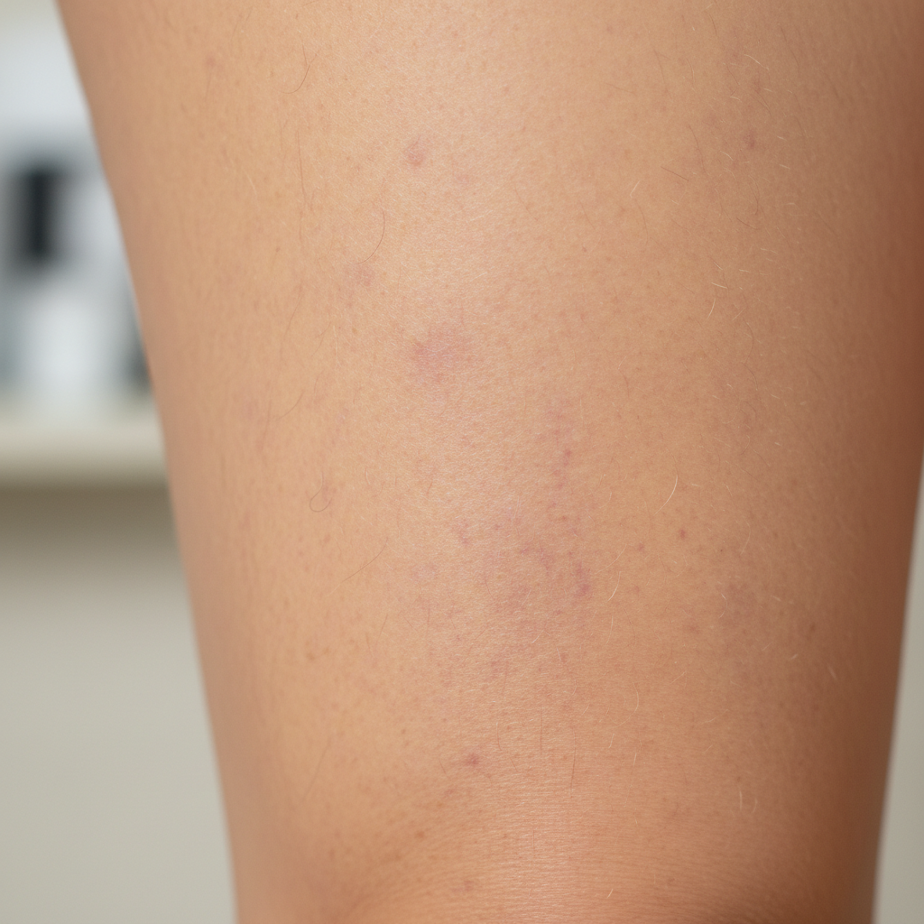 Before inner thigh treatment - front view showing inner thigh fat and skin texture