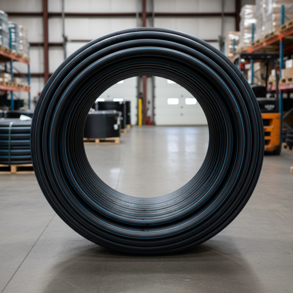 Black polyethylene irrigation mainline pipe coiled on warehouse floor