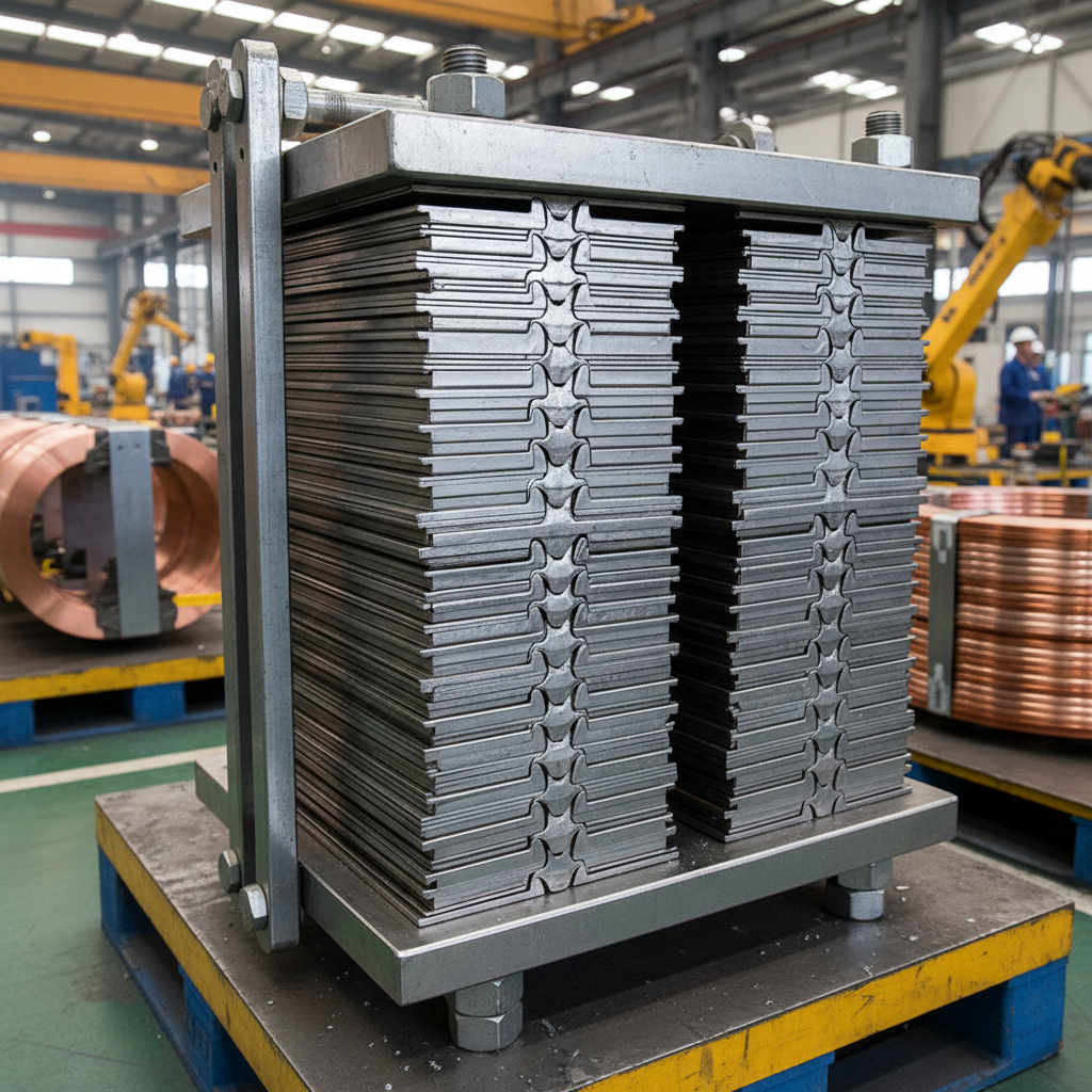 Close-up of laminated electrical steel core assembly with precision stacked layers in transformer manufacturing facility