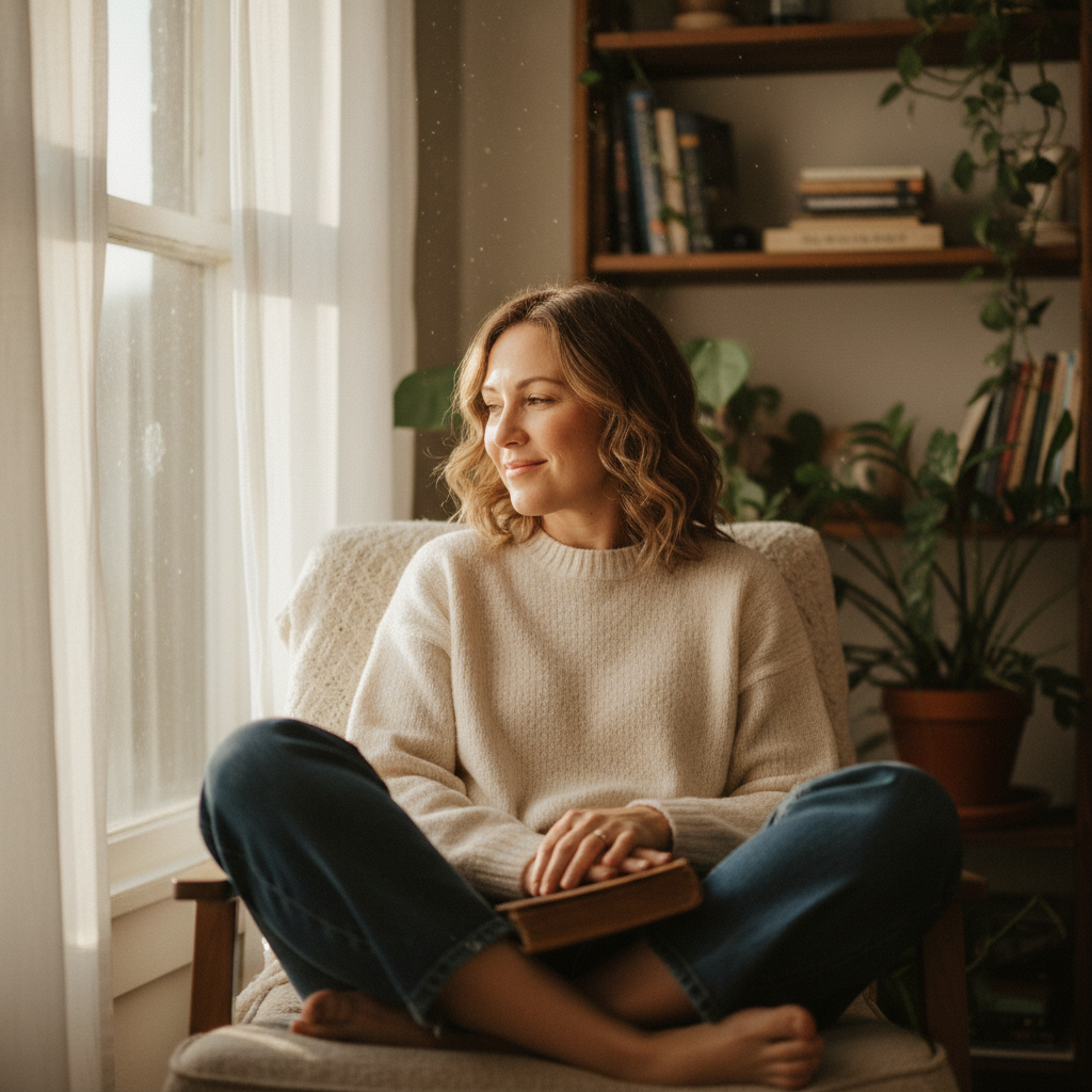 Sarah, 34, looking relaxed in natural light - Swab customer