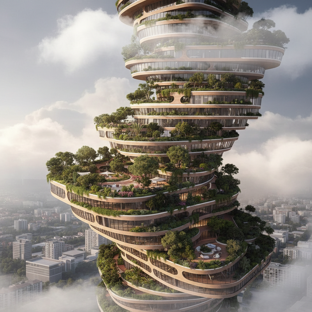 Speculative residential tower with organic facade curves and terraced gardens rising into cloudy sky